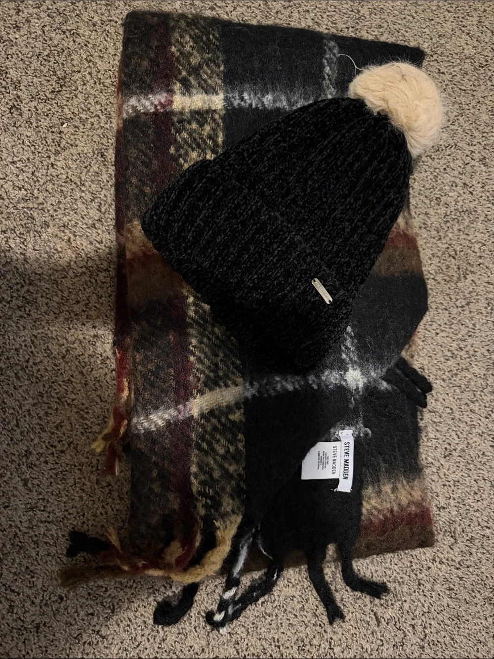 Steve Madden Black Knit Pom Beanie with Plaid Fringe Scarf